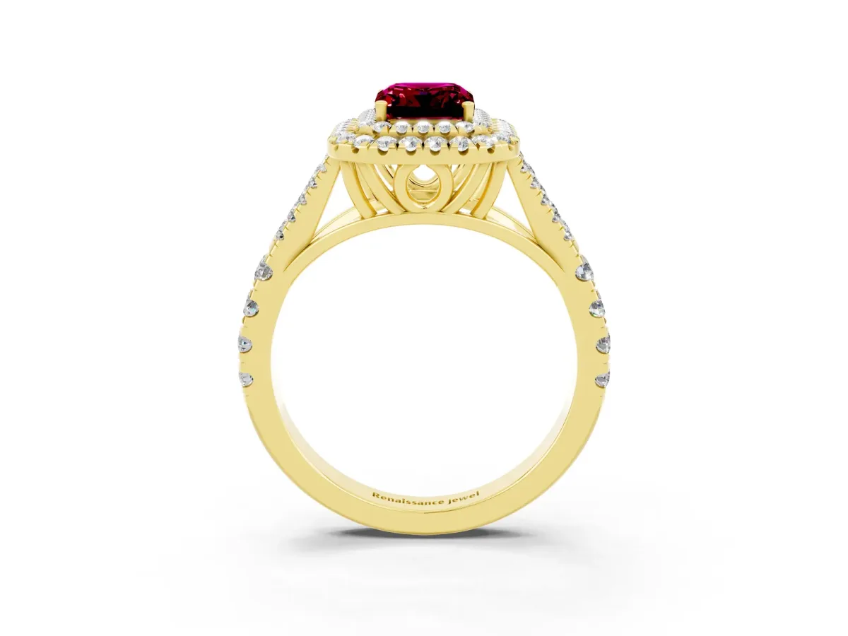 Double Halo Emerald Cut Garnet Split Shank Engagement Ring with Four-Prong Setting Yellow gold