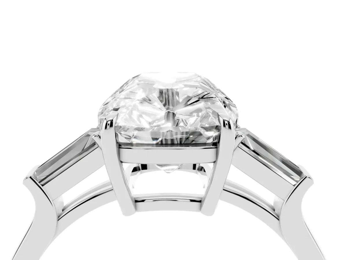 Old Mine Elongated Cushion Diamond with Side Tapered Baguette Three Stone Ring Silver