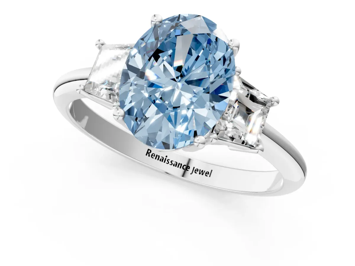 Fancy Blue Oval Cut Diamond Three-Stone Ring with Trapezoid Side Stones and Prong Setting White gold