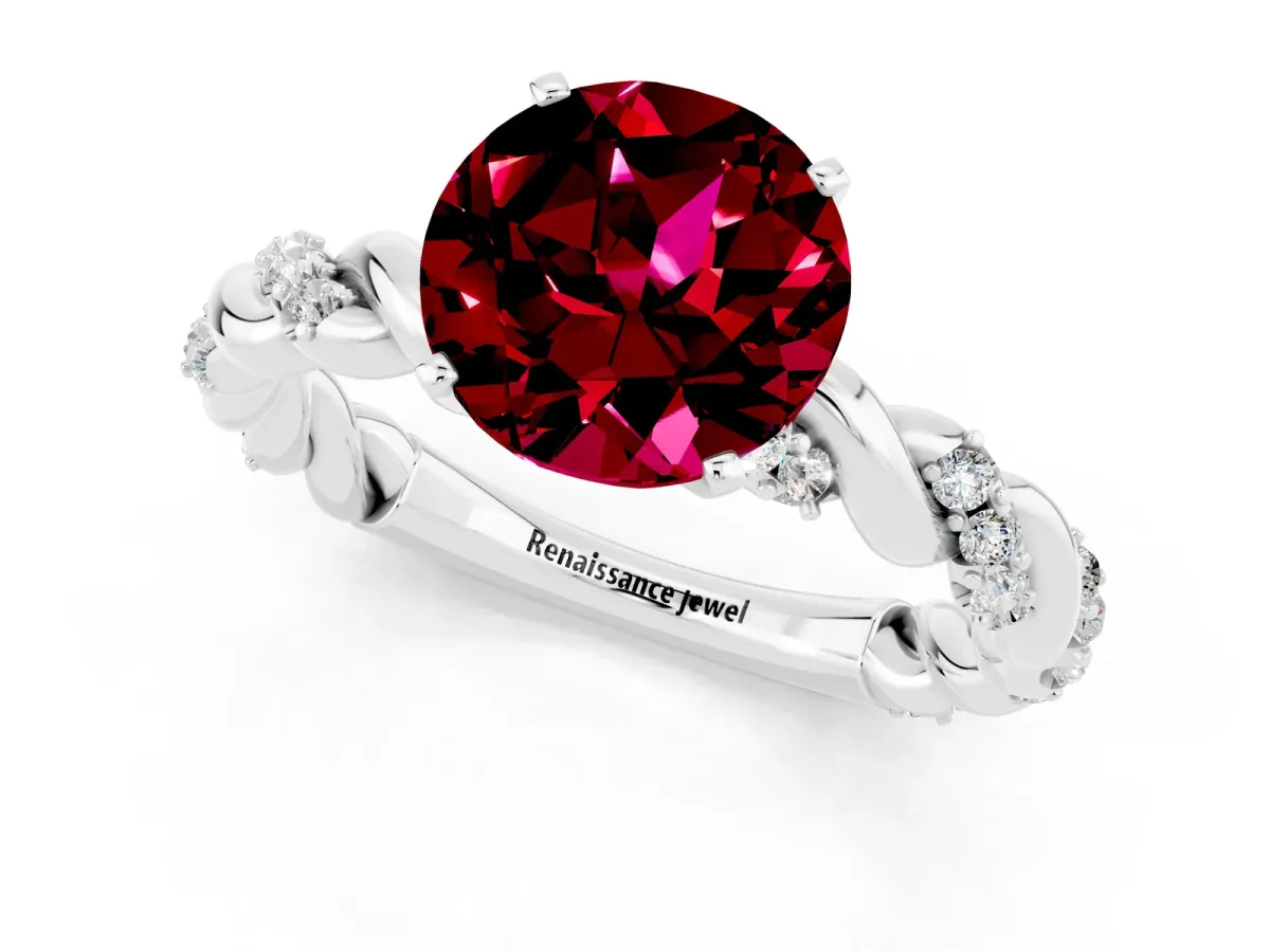 Round Cut Garnet Solitaire Ring with Twisted Band and Pavé Accents Silver