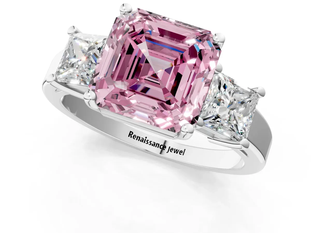 Fancy Pink Three-Stone Asscher Cut Cut Solitaire Ring with Prong Setting Platinum
