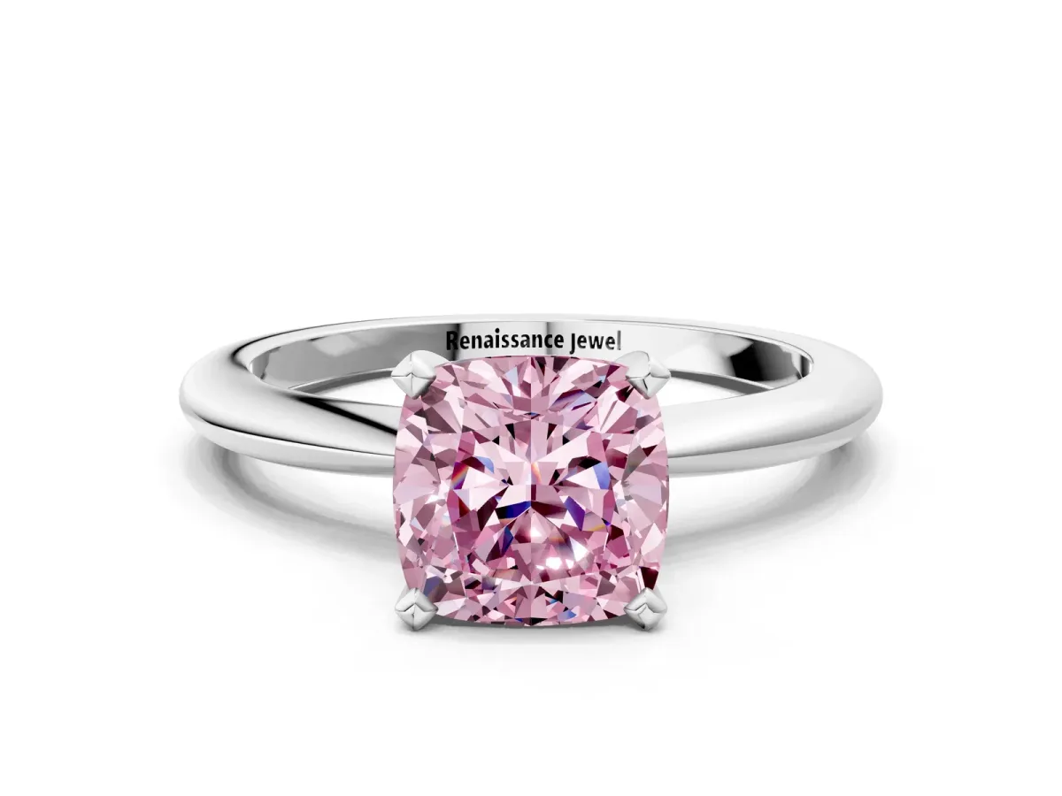 Fancy Pink Cushion Cut Diamond Solitaire Ring with Six-Prong Setting and Classic Band Silver