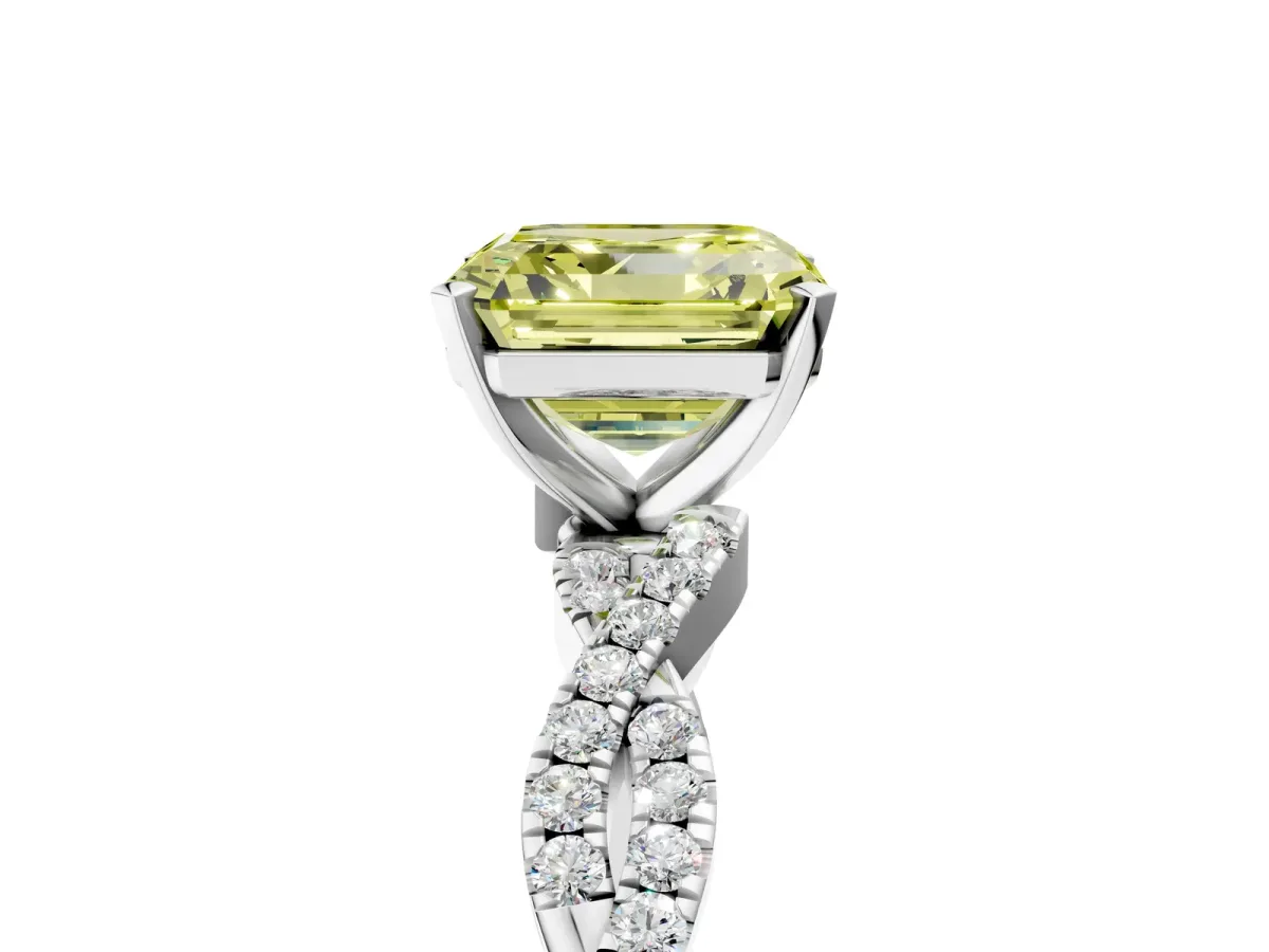 Fancy Yellow Asscher Cut Solitaire Twisted Pave Band with Four-Prong Setting Platinum