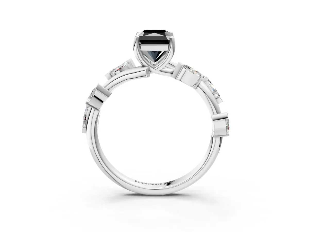 Fancy Black Radiant Cut Solitaire Twisted Band Marquise Accent Prong Setting Ring Platinum