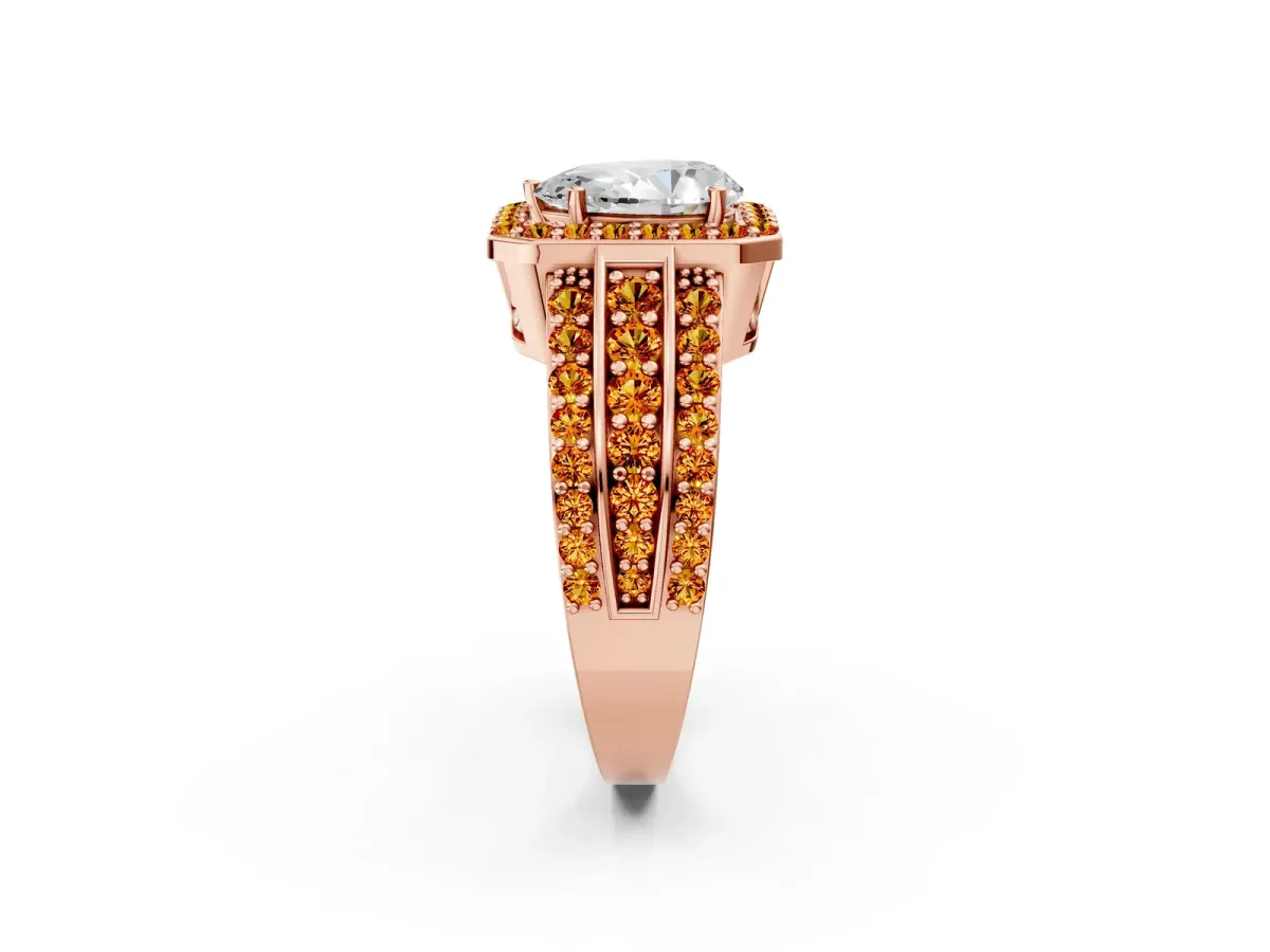 Pear Cut Halo Diamond Ring with Round Citrine Split Shank and Prong Setting Rose gold