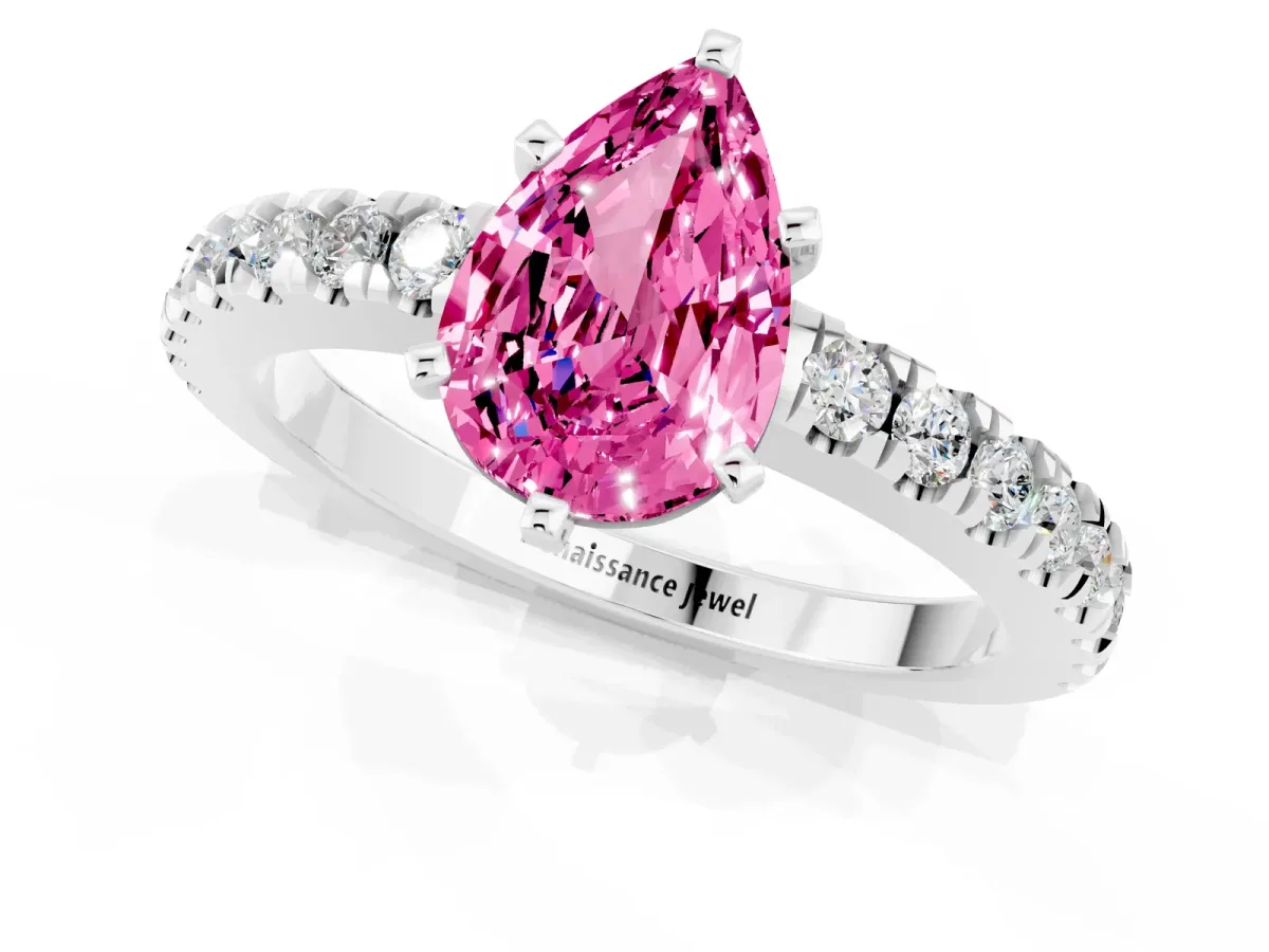 Pear Cut Solitaire Pink Sapphire with Pavé Band and Four-Prong Setting Silver