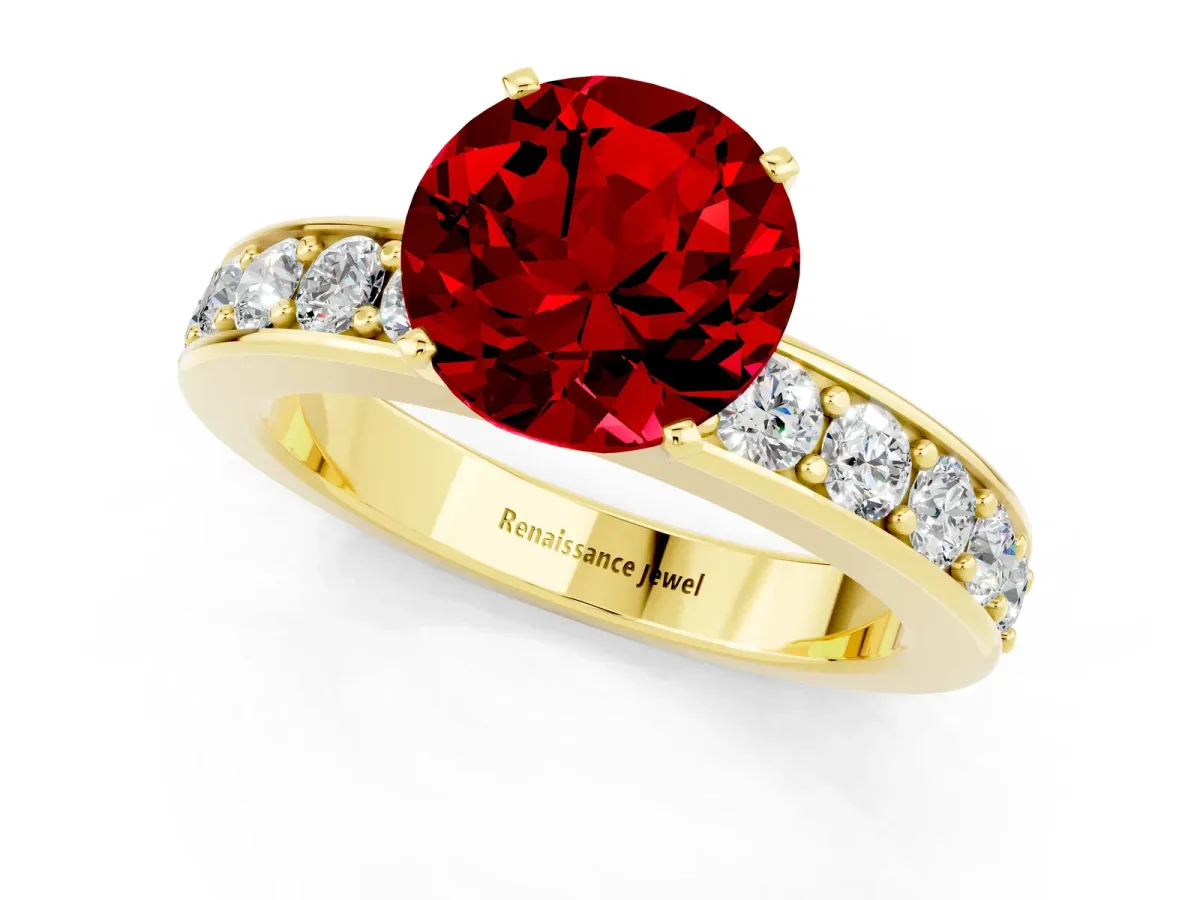 Round Cut Ruby Engagement Ring with Channel Set Round Band and Prong Setting Yellow gold