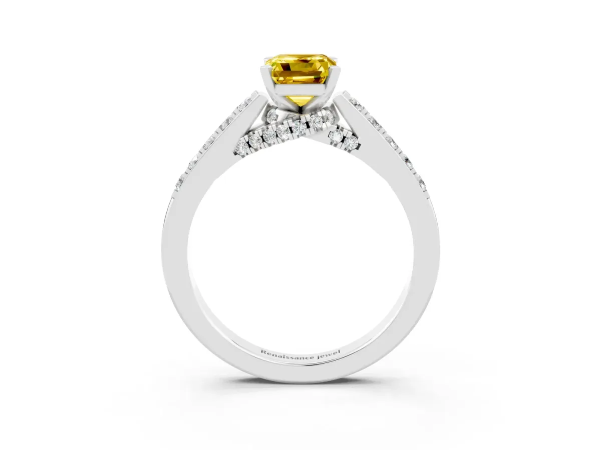 Emerald Cut Yellow Sapphire Solitaire Ring with Crossover Gallery and Round Pavé Band Silver