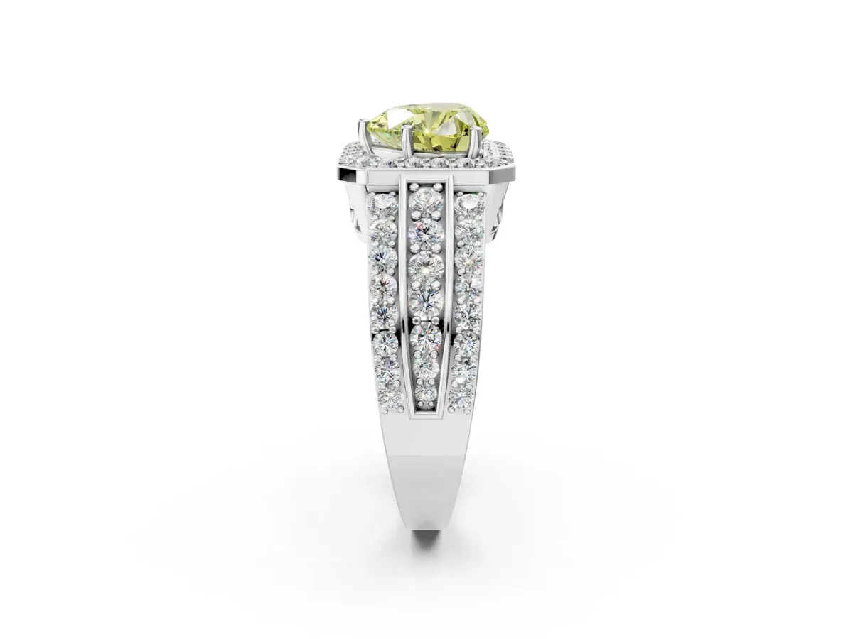 Fancy Yellow Heart Cut Halo Diamond Ring with Round Split Shank and Prong Setting Silver