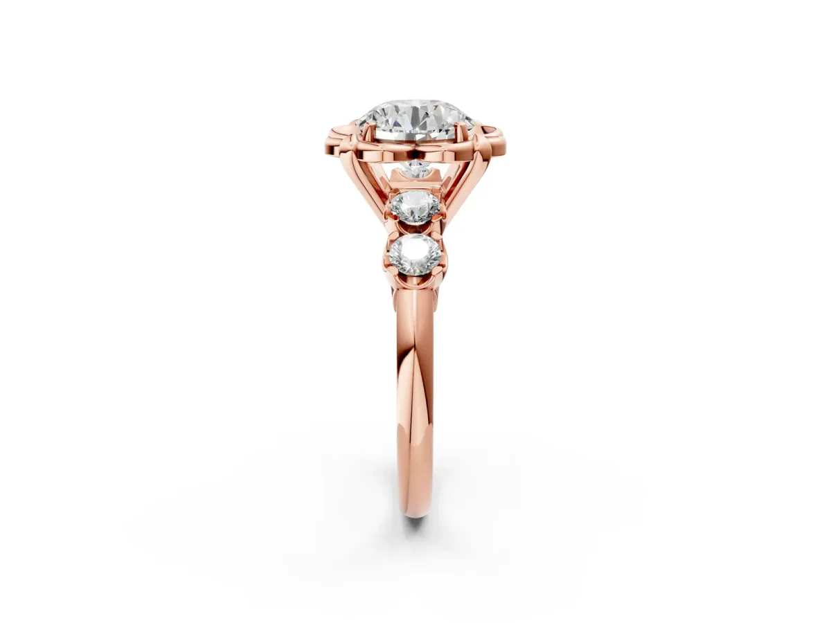 Round Cut Cut Diamond Floral Halo Engagement Ring with Shared Prong Setting Rose gold
