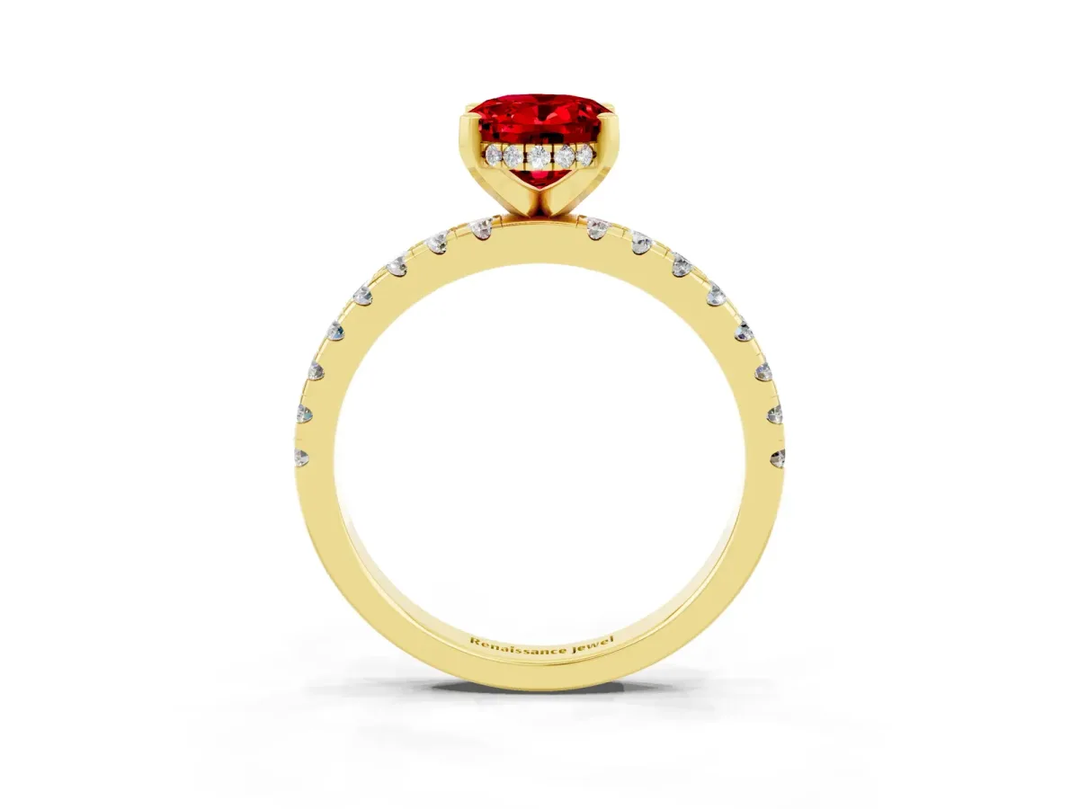 Oval Cut Ruby Solitaire Ring with Round Pavé Band and Four-Prong Setting Yellow gold