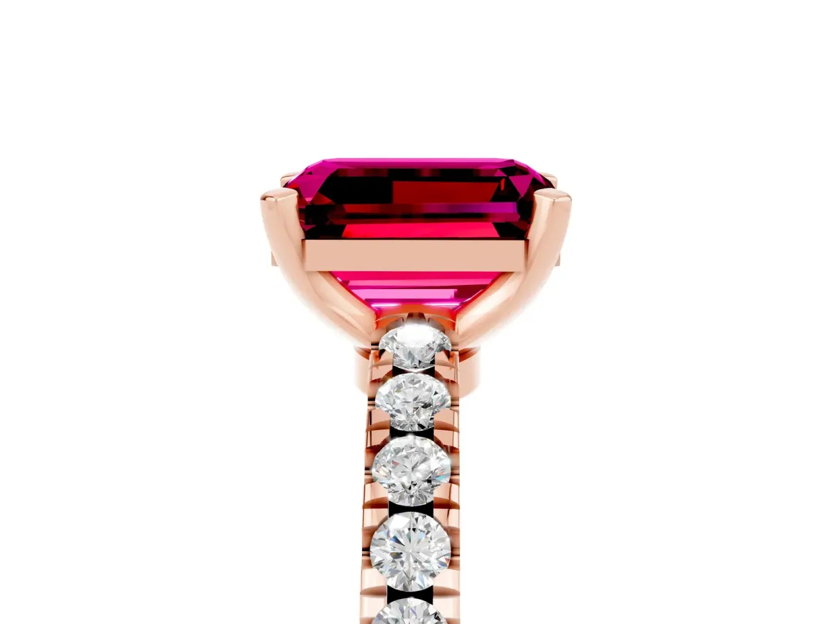 Emerald Cut Solitaire Garnet with Pavé Band and Four-Prong Setting Rose gold