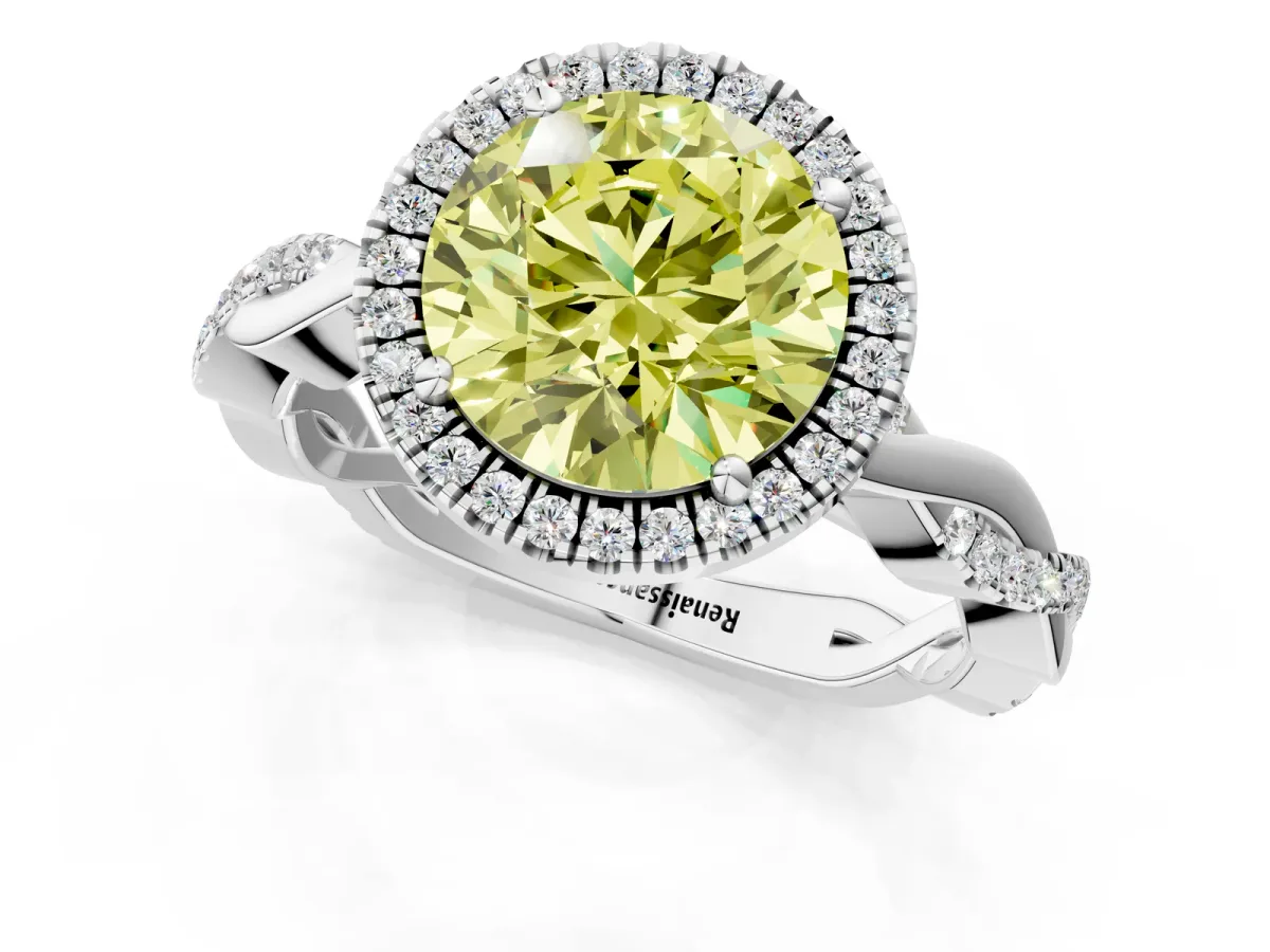 Fancy Yellow Round Cut Cut Halo Twisted Band Four-Prong Ring Platinum