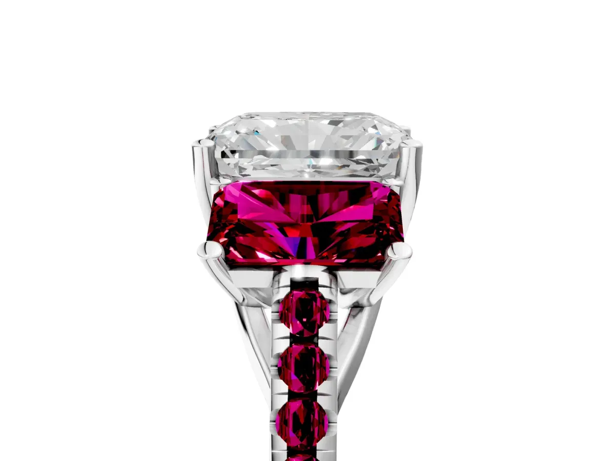 Three-Stone Radiant Cut Diamond Ring with Round Garnet Pavé Band and Prong Setting Silver