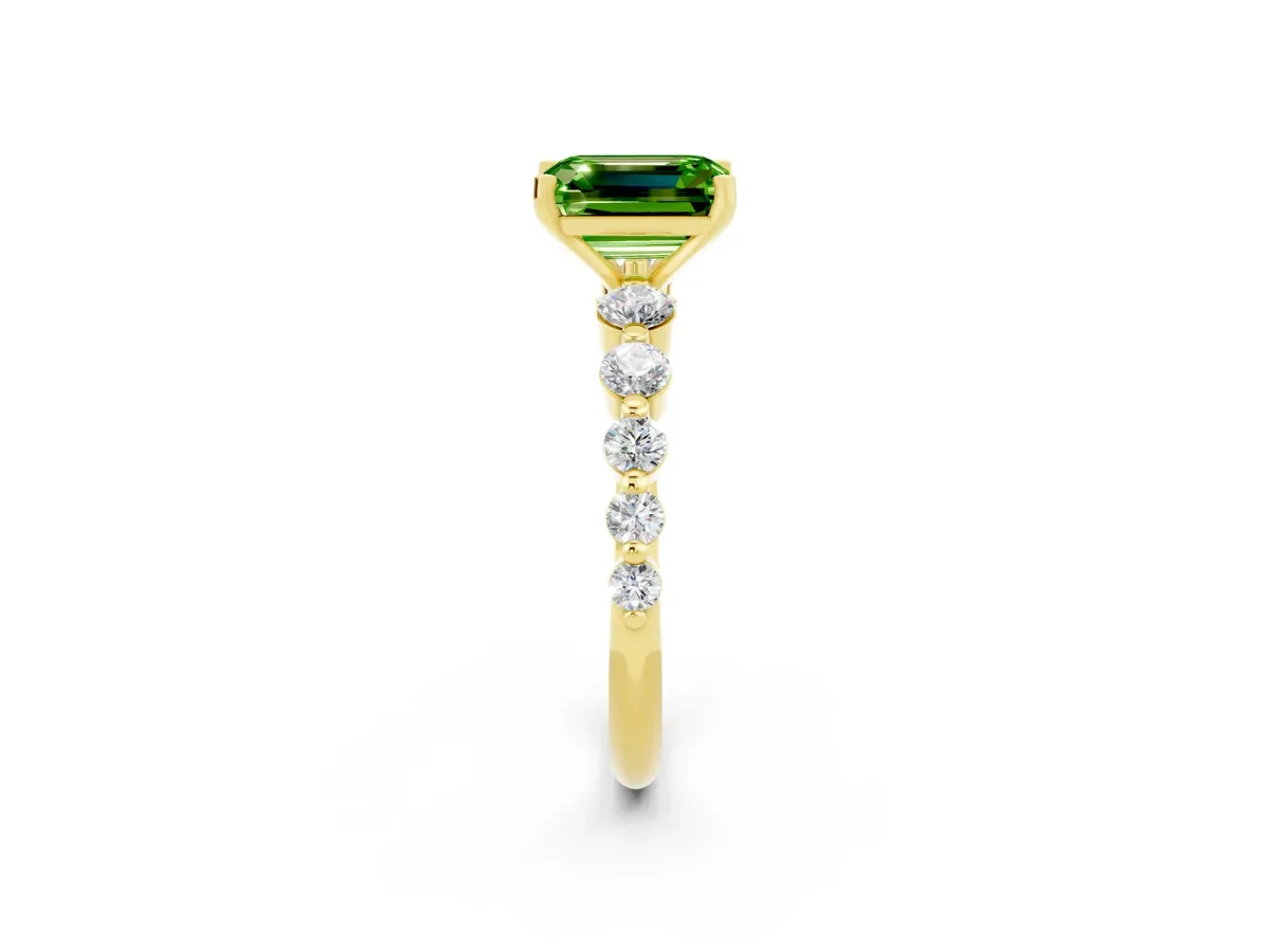 Emerald Cut Solitaire Peridot Ring with Pave Band and Four-Prong Setting Yellow gold