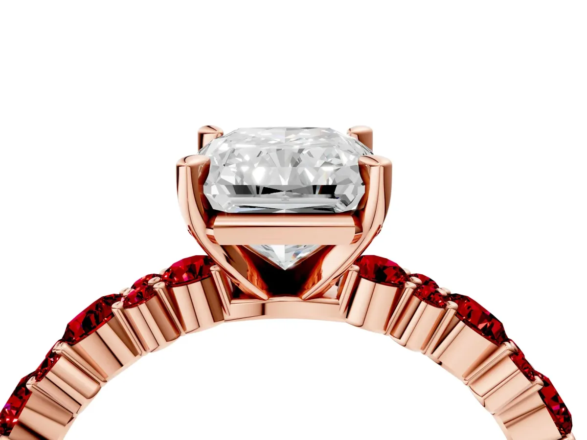 Radiant Cut Diamond Side Stone Solitaire Ring with Round Ruby and Four-Prong Setting Rose gold