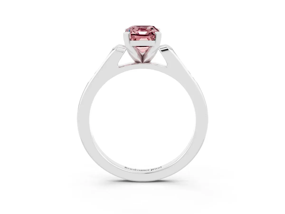 Emerald Cut Morganite Solitaire Ring with Channel Set Round Band and Prong Setting Silver