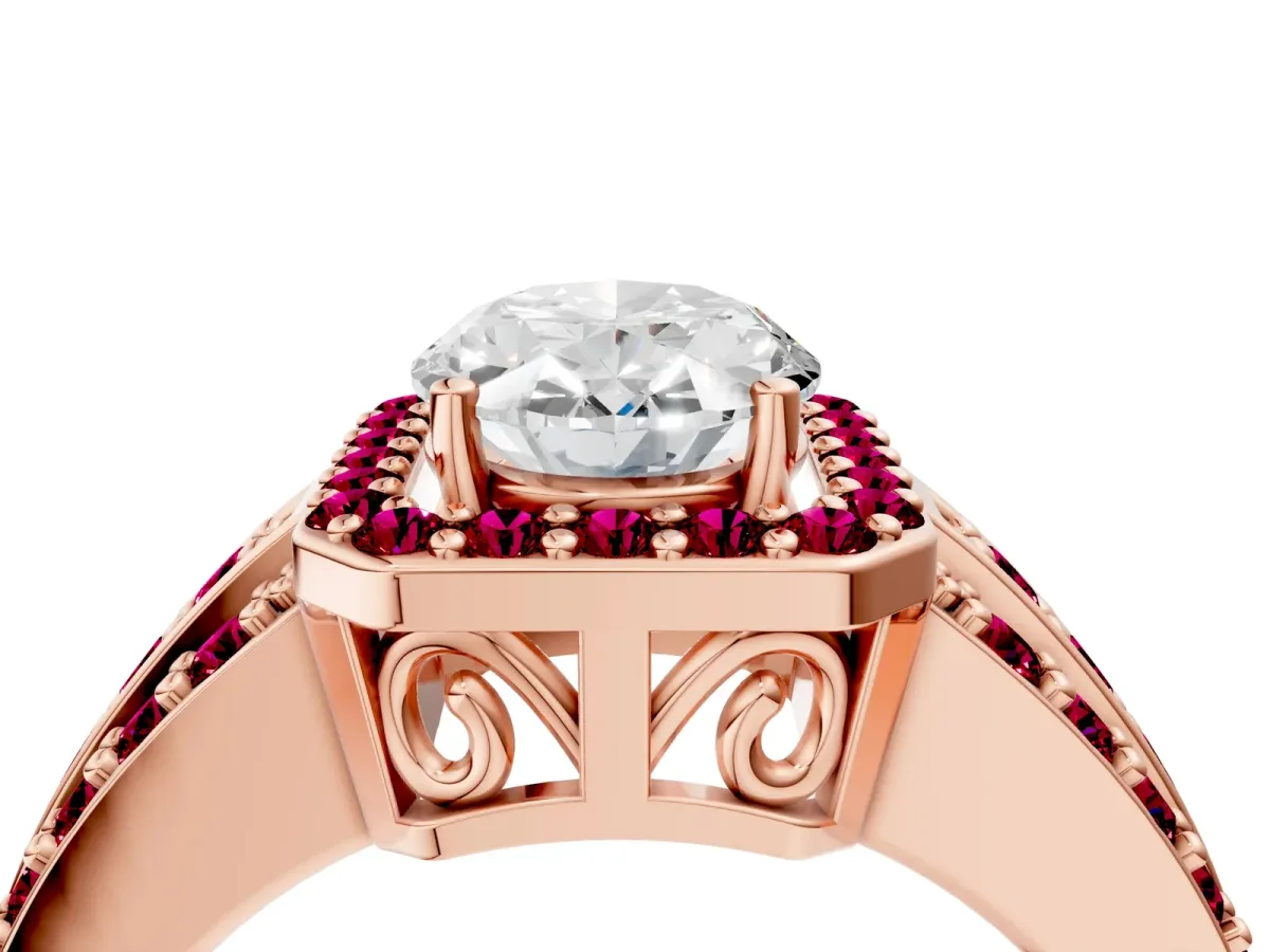 Oval Cut Halo Diamond Ring with Round Garnet Split Shank and Prong Setting Rose gold