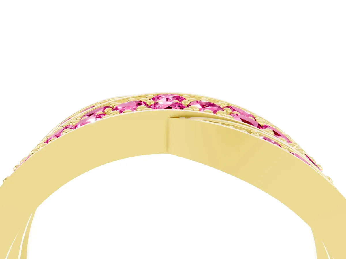 Pavé Round Pink Sapphire Crossover Band with Bead Prong Setting Yellow gold