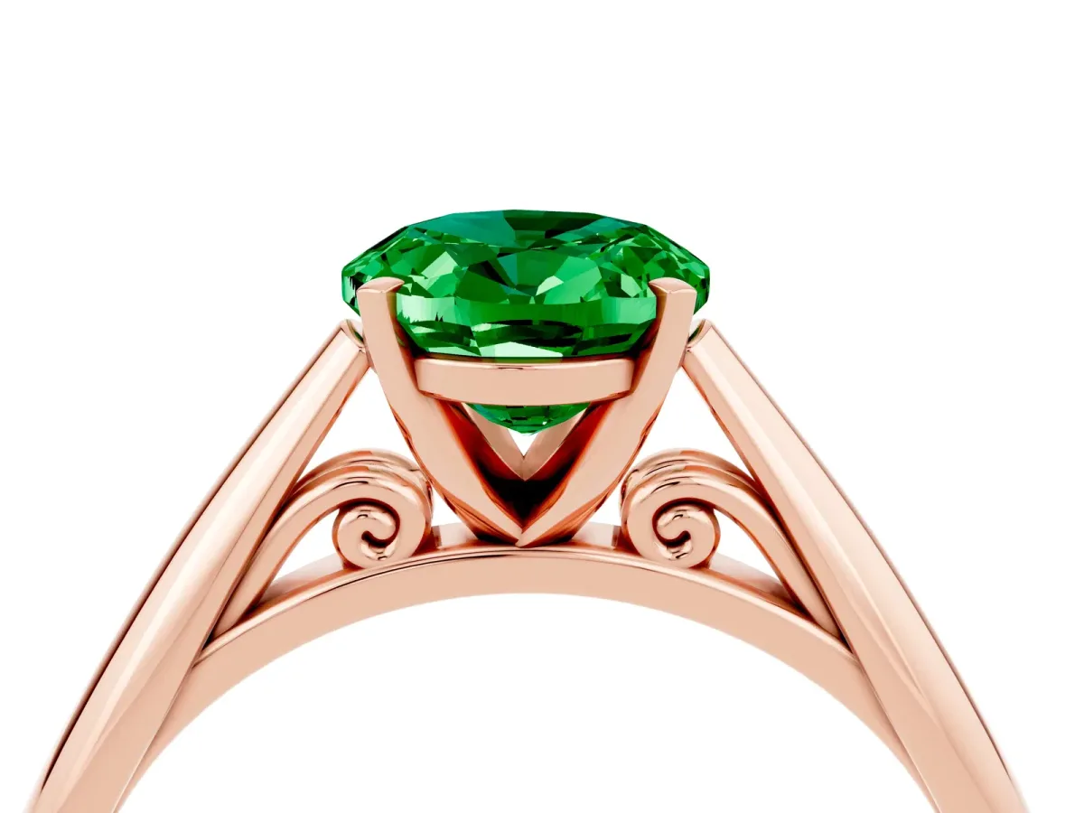 Oval Cut Emerald Solitaire Engagement Ring with Cathedral Setting and Four-Prong Mount Rose gold