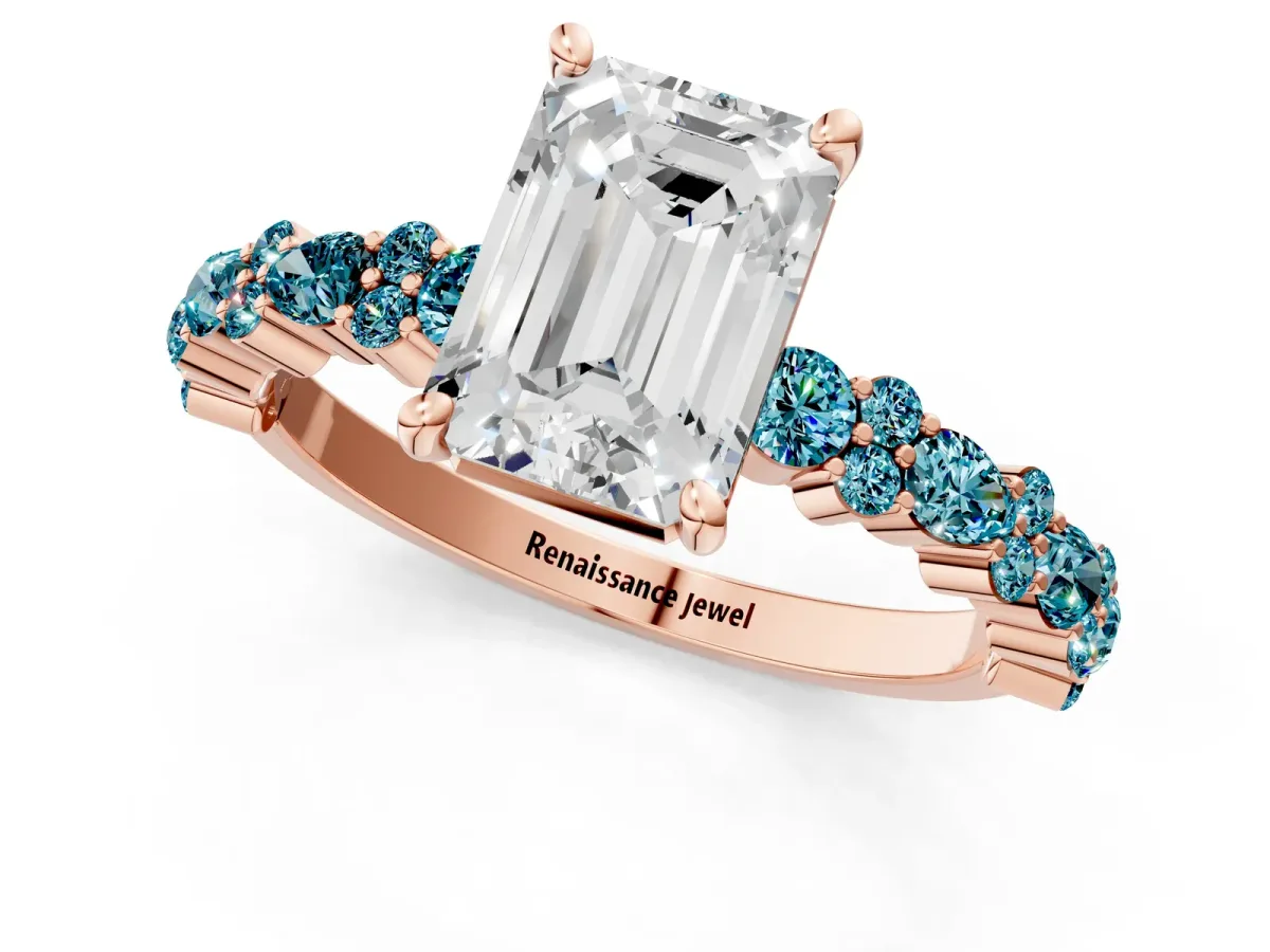 Emerald Cut Diamond Side Stone Solitaire Ring with Round Blue Topaz and Four-Prong Setting Rose gold