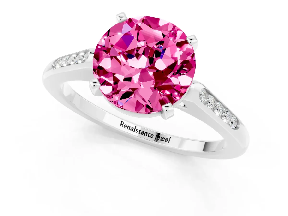 Round Cut Pink Sapphire Solitaire Ring with Channel Set Round Band and Prong Setting Silver