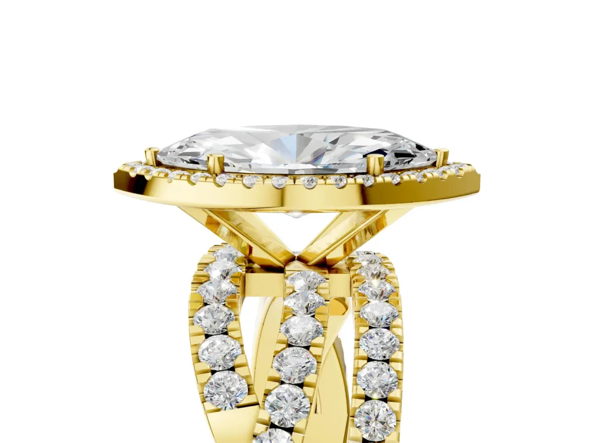 Marquise Cut Diamond Halo Ring with Round Split Shank and Prong Setting Yellow gold