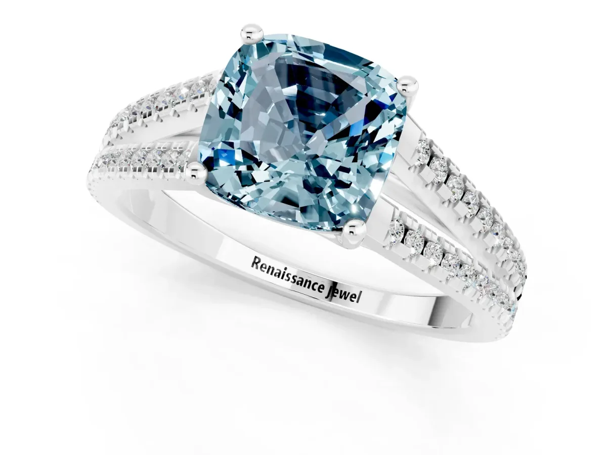 Cushion Cut Aquamarine Solitaire Engagement Ring with Split Shank Pavé Band Silver