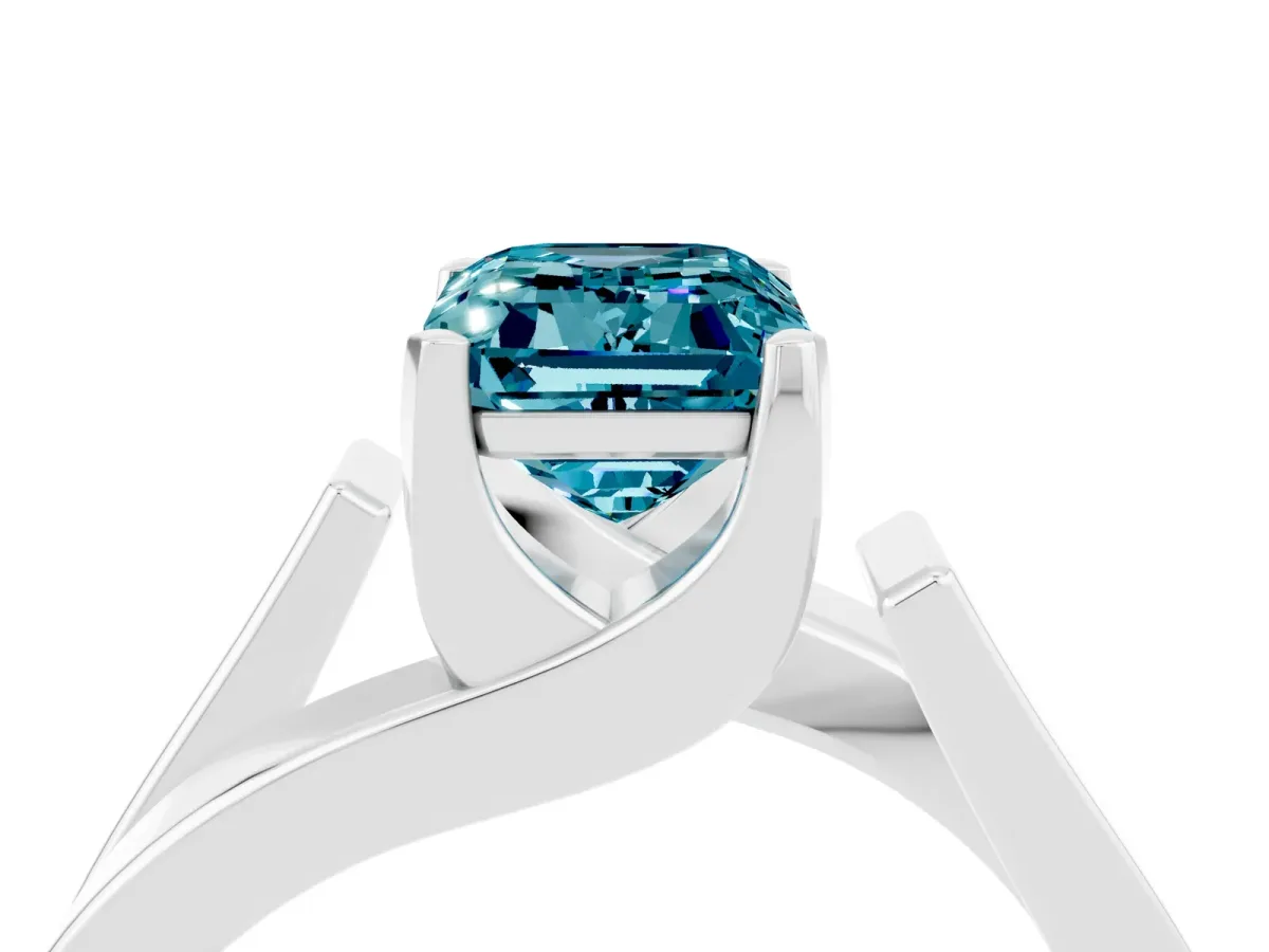 Modern Tension Set Emerald Cut Blue Topaz Solitaire Wide Band Ring Silver