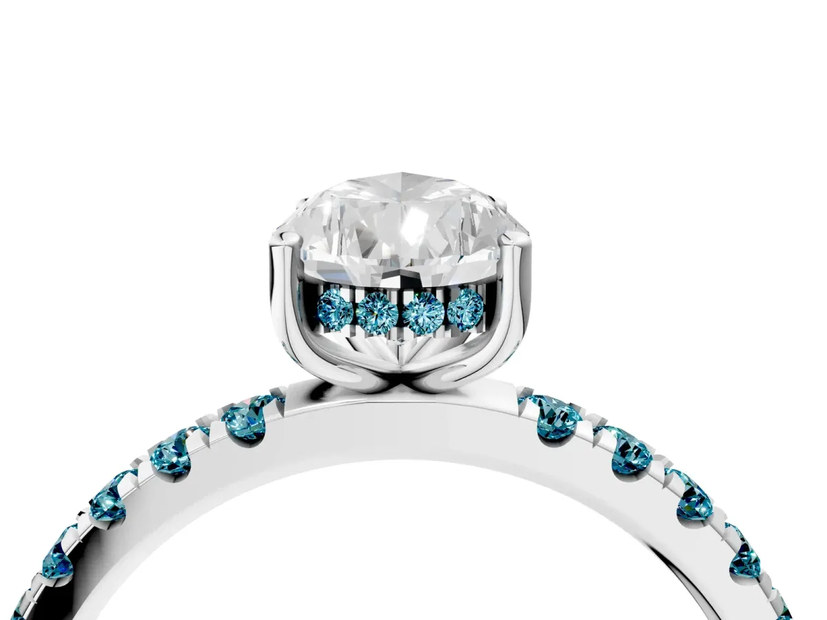 Pear Cut Diamond Pave Band Solitaire Ring with Round Blue Topaz and Prong Setting Silver