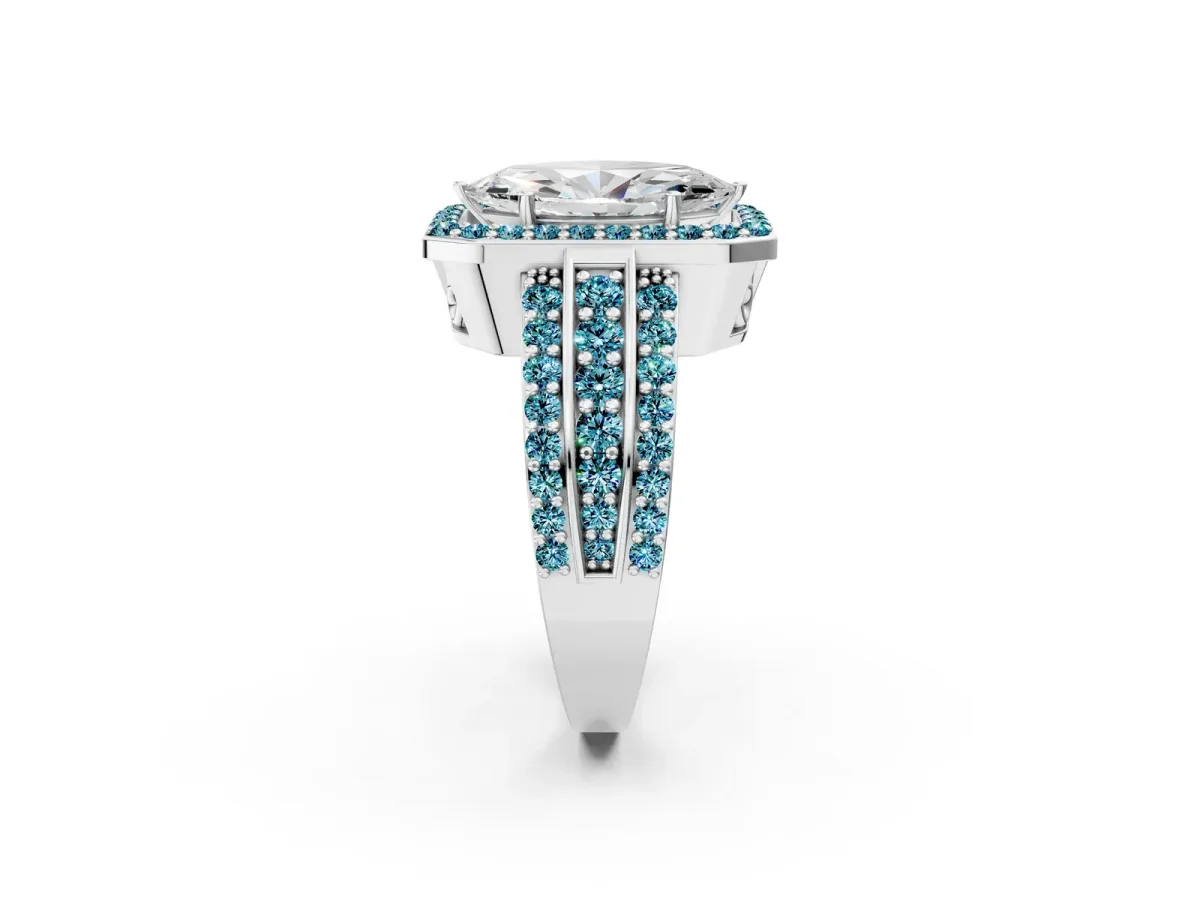 Marquise Cut Halo Diamond Ring with Round Blue Topaz Split Shank and Prong Setting Silver