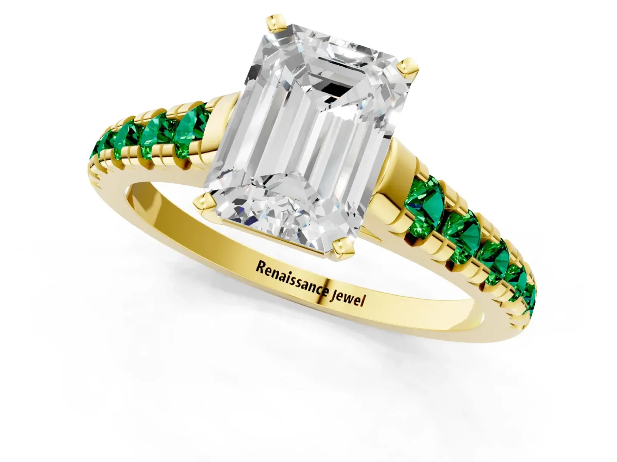 Emerald Cut Diamond Cathedral Solitaire Ring with Round Emerald Pavé Band Yellow gold