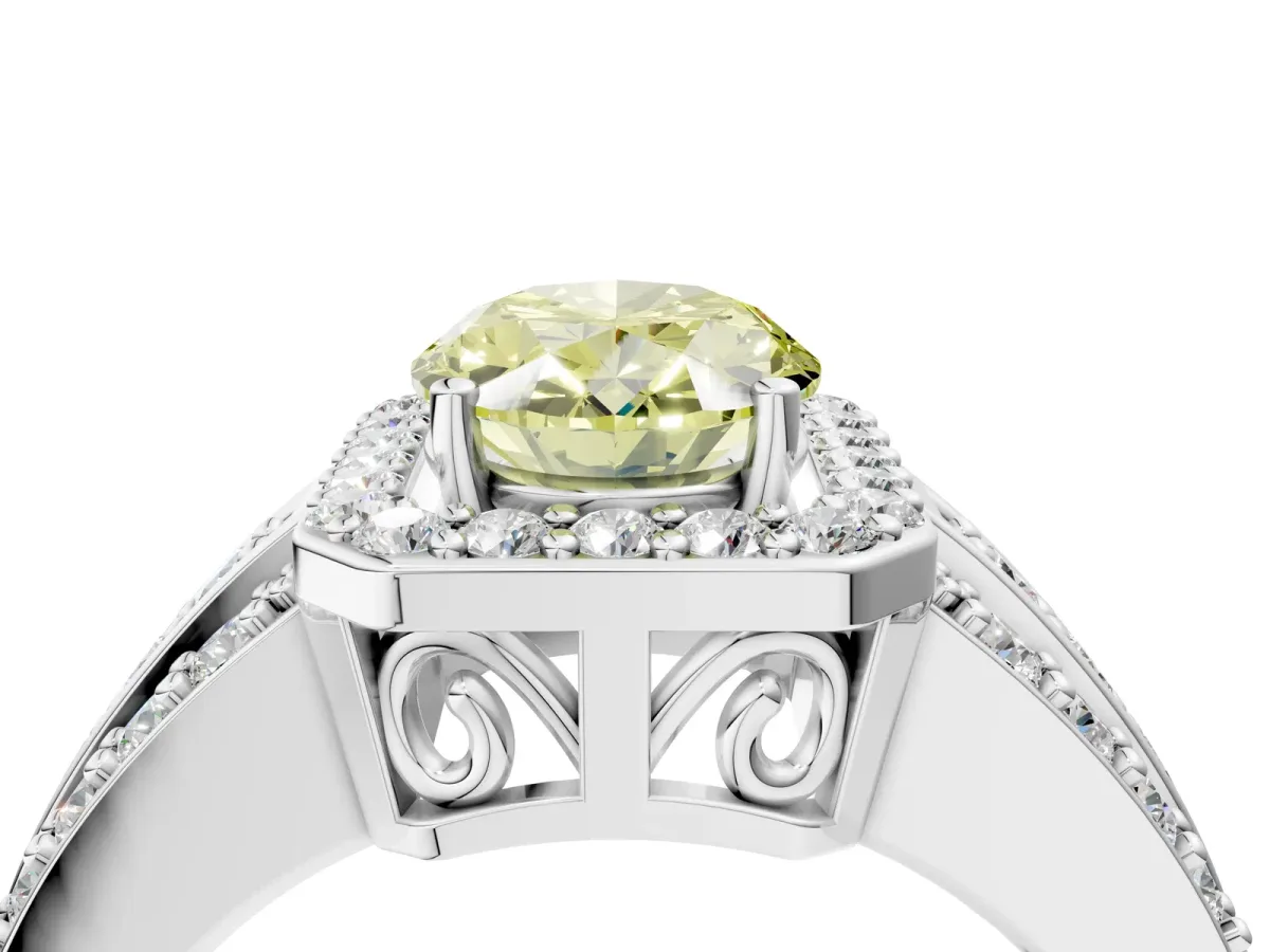 Fancy Yellow Oval Cut Halo Diamond Ring with Round Split Shank and Prong Setting Silver