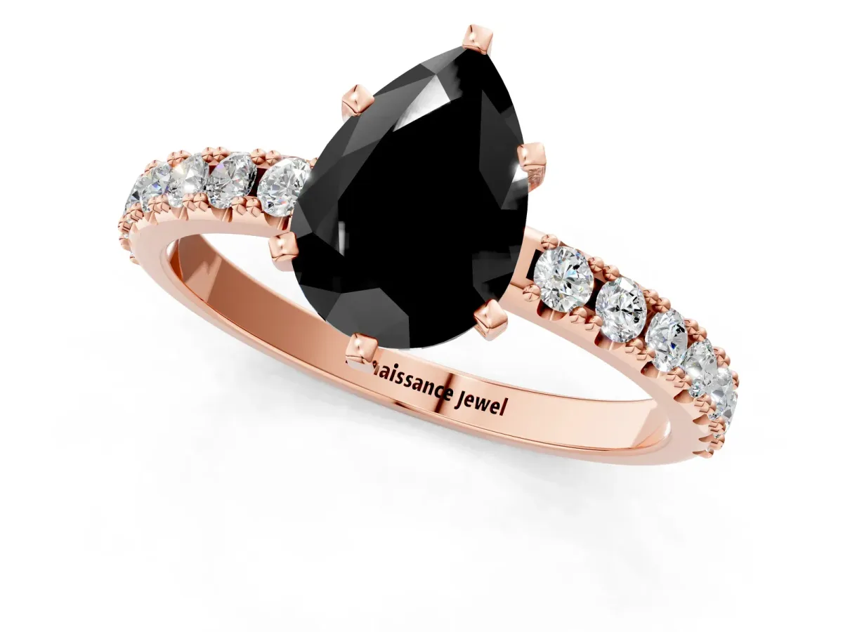 Fancy Black Pear Cut Diamond Solitaire Pavé Band with Four-Prong Setting Rose gold