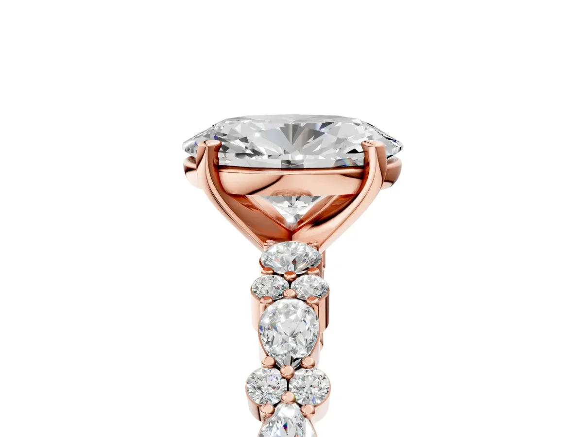 Oval Cut Diamond Side Stone Solitaire Ring with Round Moissanite and Four-Prong Setting Rose gold