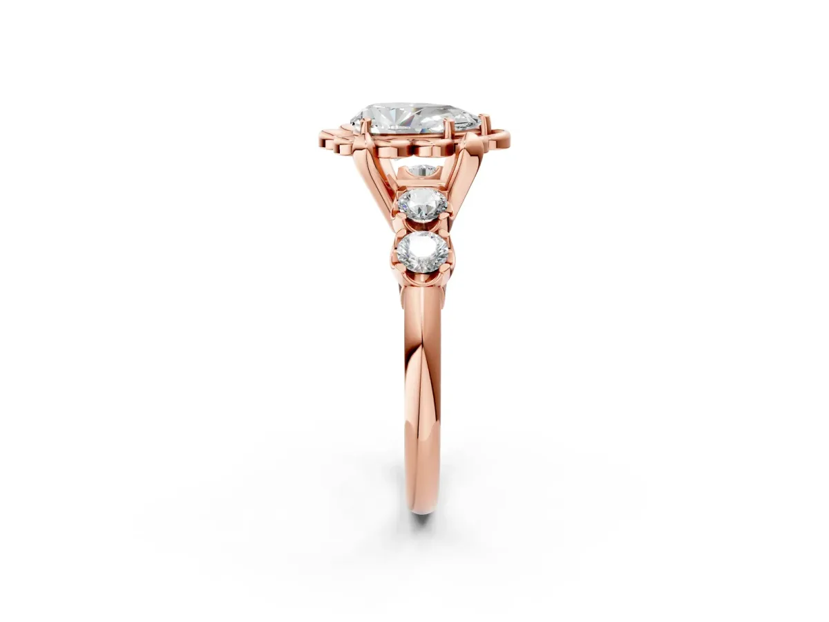 Pear Cut Cut Diamond Floral Halo Engagement Ring with Shared Prong Setting Rose gold