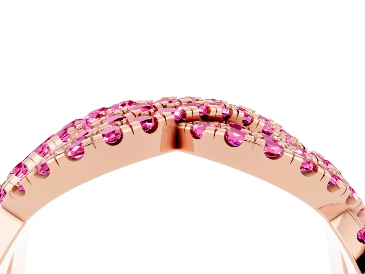 Pavé Round Pink Sapphire Infinity Twist Band with Shared Prong Setting Rose gold