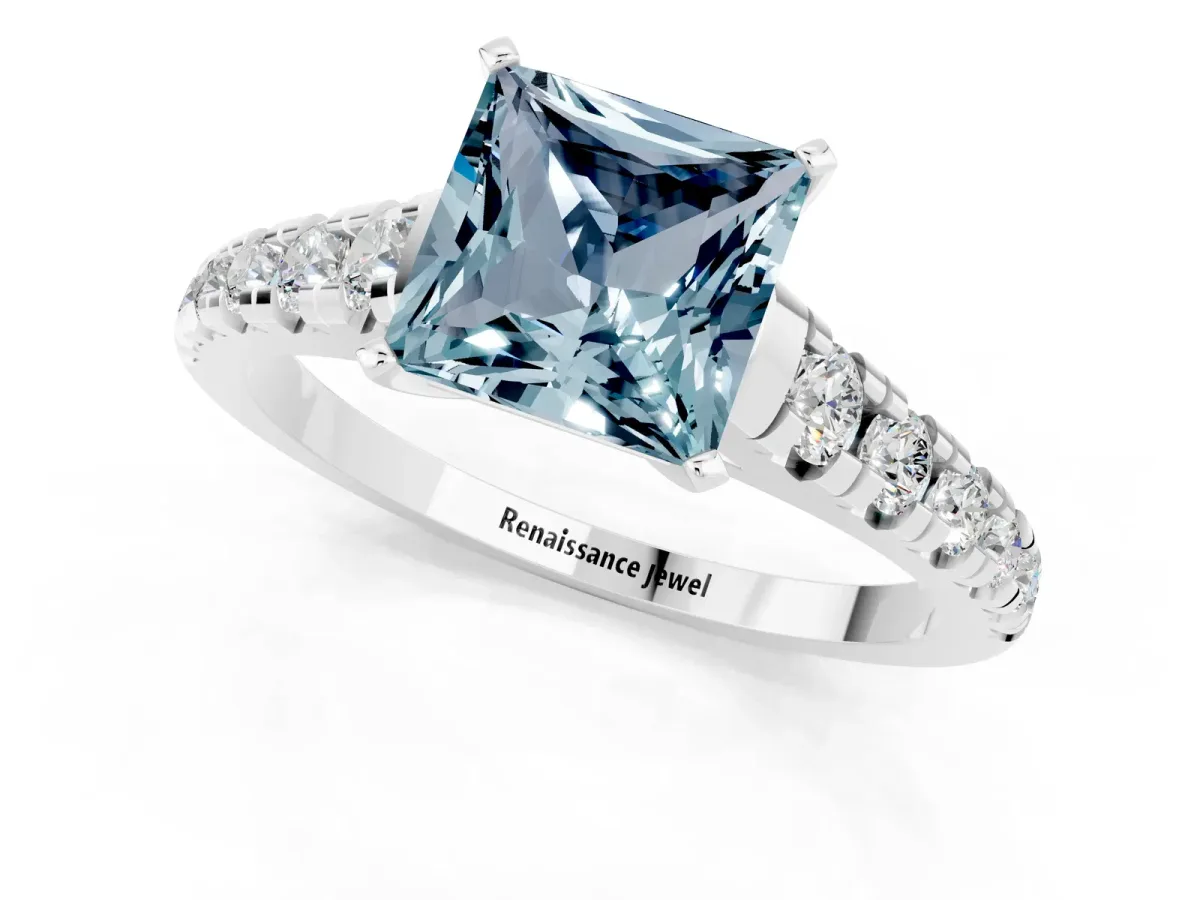 Princess Cut Aquamarine Cathedral Solitaire Ring with Round Pavé Band Silver