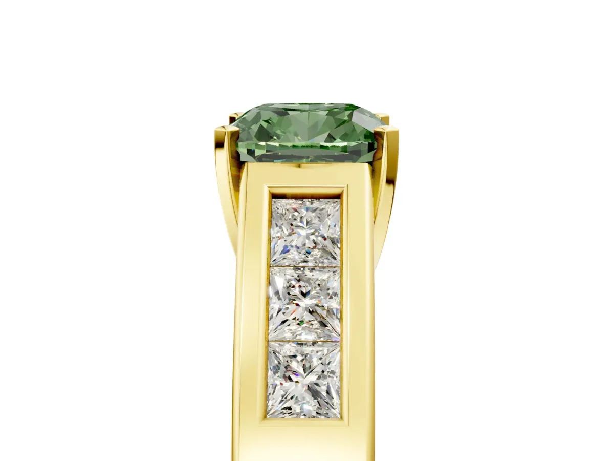 Fancy Green Cushion Cut Cut Channel Set Solitaire Ring with Four-Prong Setting Yellow gold
