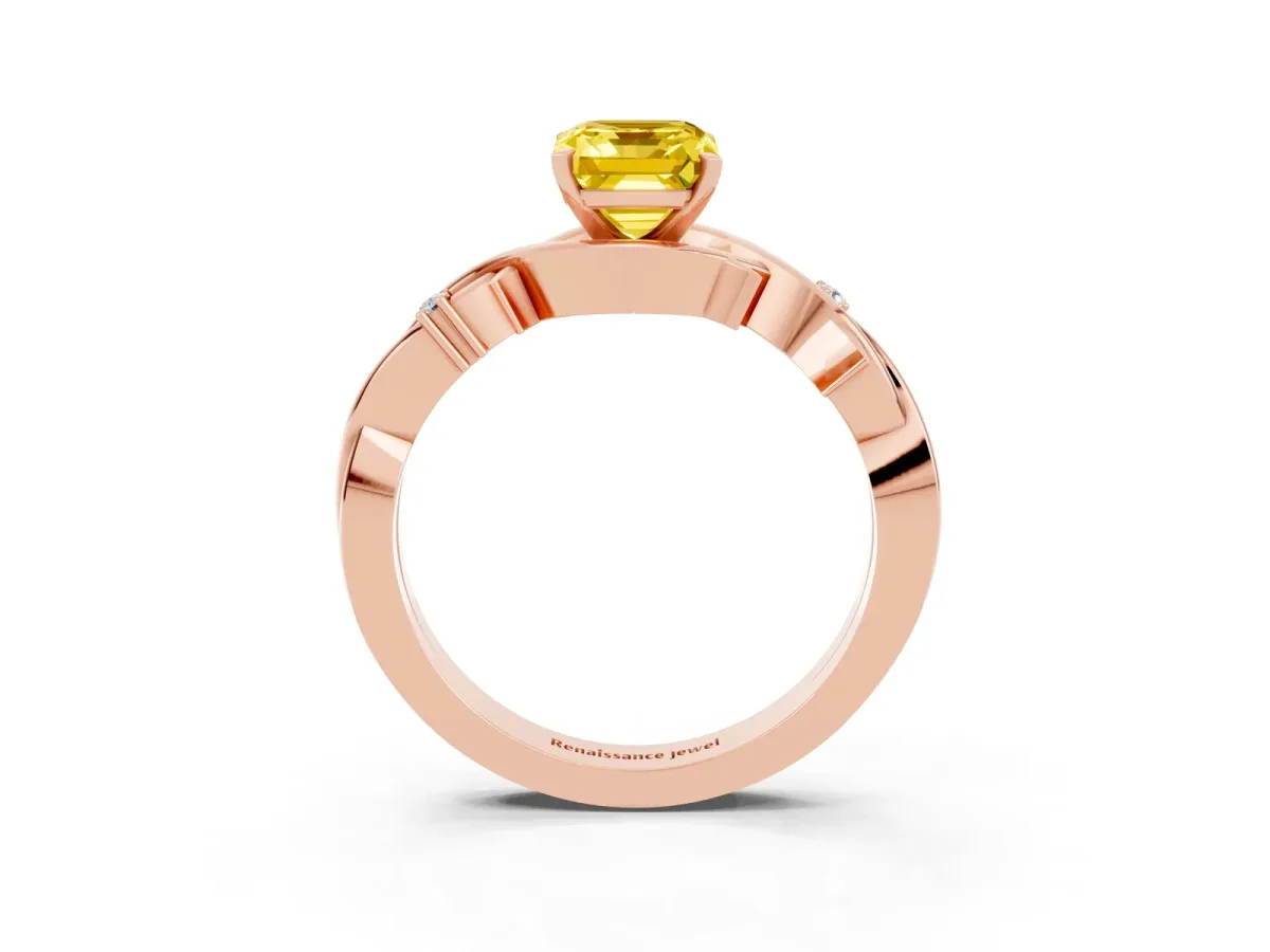 Emerald Cut Yellow Sapphire Solitaire Ring with Twisted Band and Prong Setting Rose gold