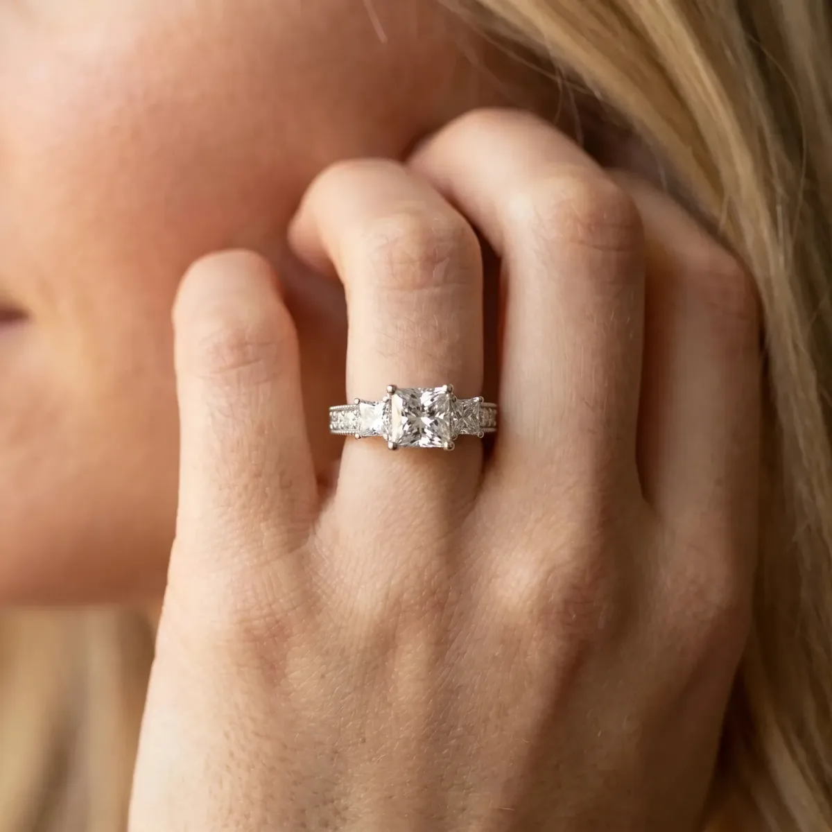 Three-Stone Asscher Cut Cut Milgrain Pavé Engagement Ring Platinum