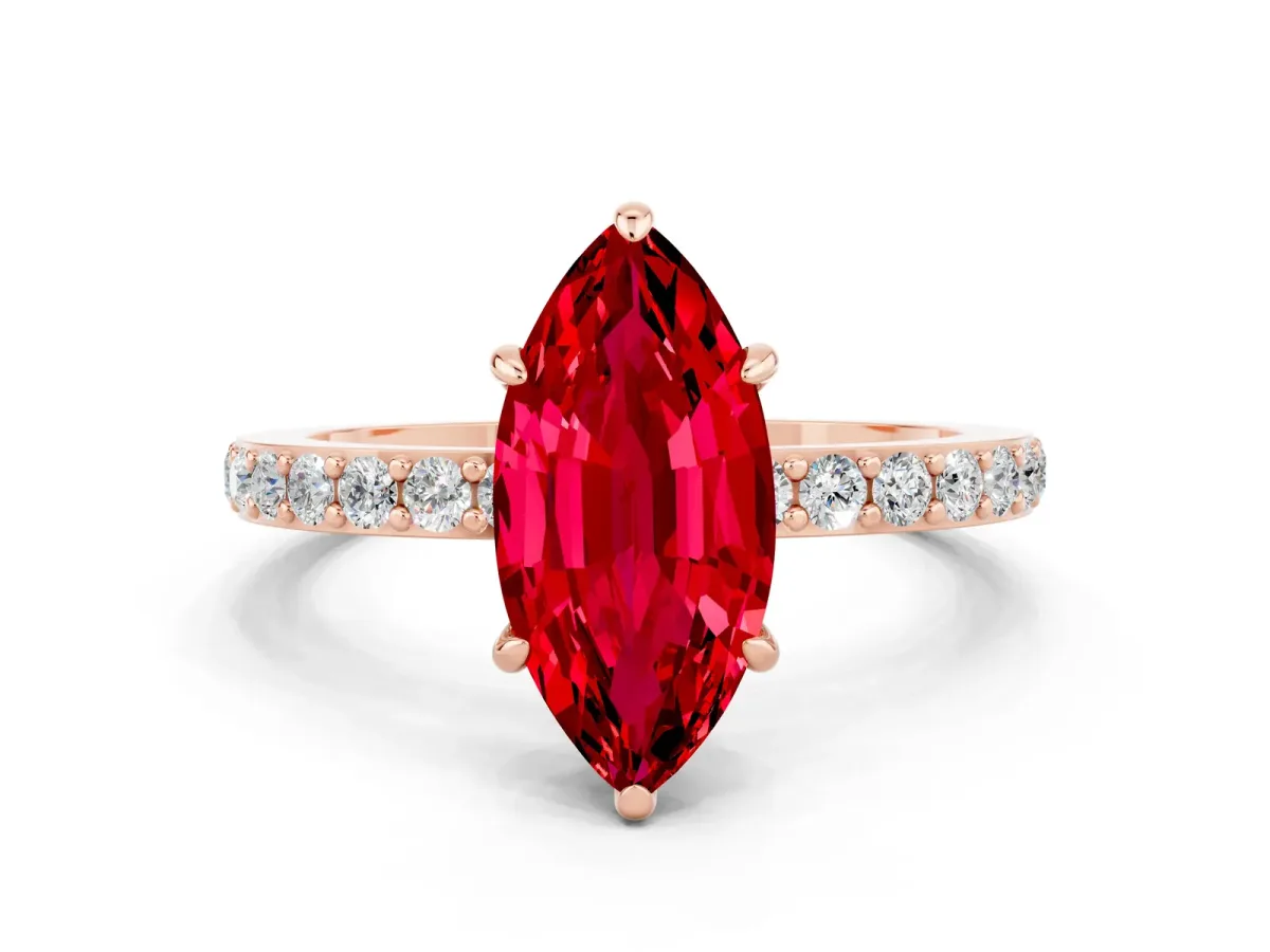 Marquise Cut Ruby Solitaire Engagement Ring with Pavé Band and Four-Prong Setting Rose gold