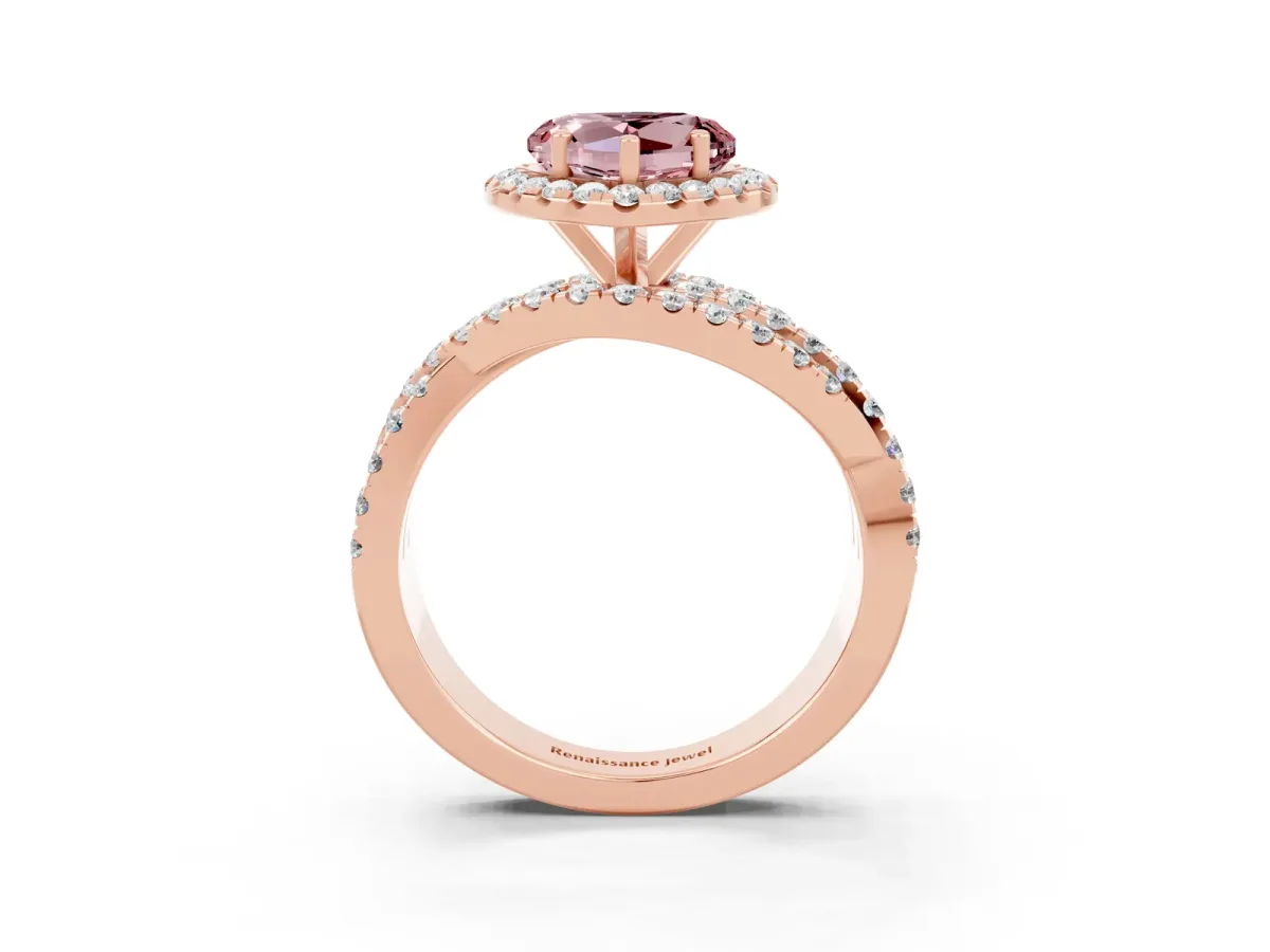 Heart Cut Morganite Halo Ring with Round Split Shank and Prong Setting Rose gold