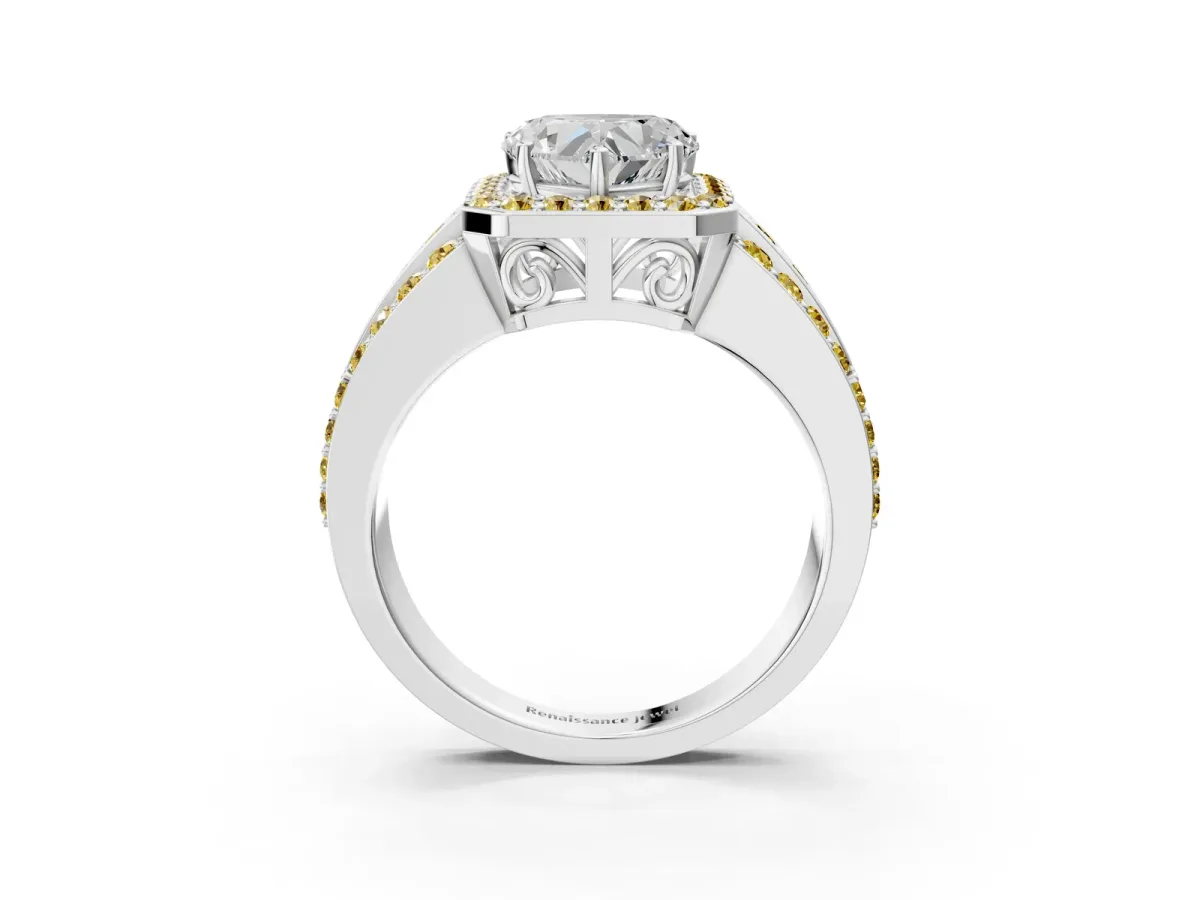 Heart Cut Halo Diamond Ring with Round Yellow Sapphire Split Shank and Prong Setting Silver