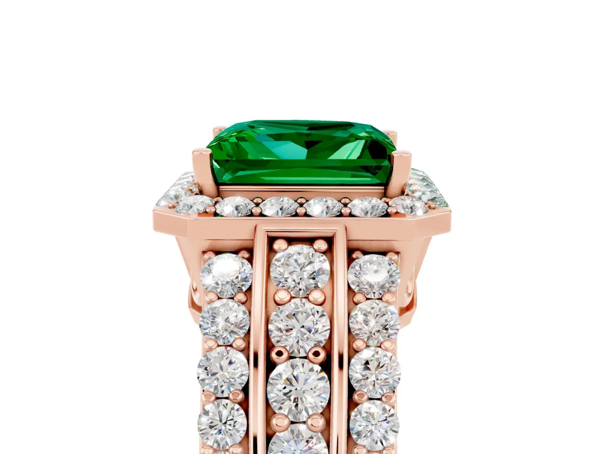 Princess Cut Halo Emerald Ring with Round Split Shank and Prong Setting Rose gold