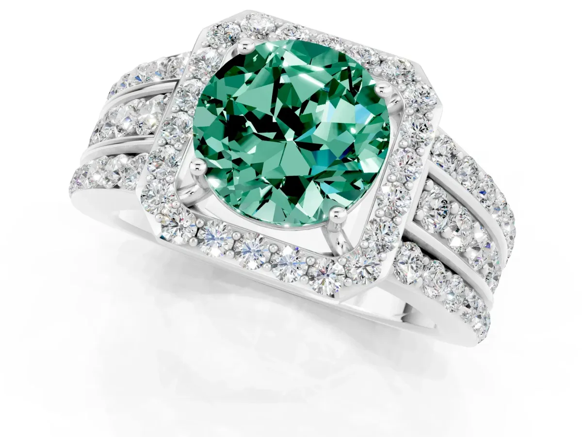 Round Cut Halo Green Sapphire Ring with Round Split Shank and Prong Setting Silver