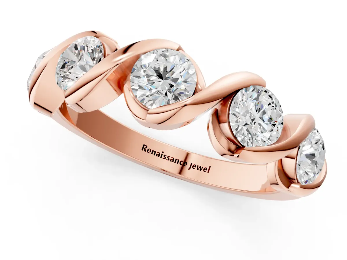 Round Diamond Wave Band with Channel Setting and Shared Prongs Rose gold