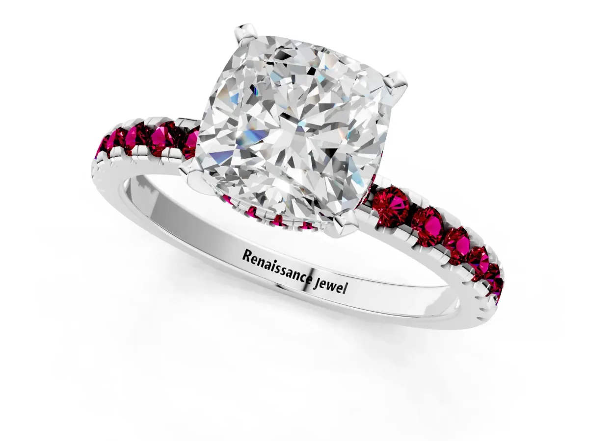 Cushion Cut Diamond Solitaire Ring with Round Garnet Pavé Band and Four-Prong Setting Silver
