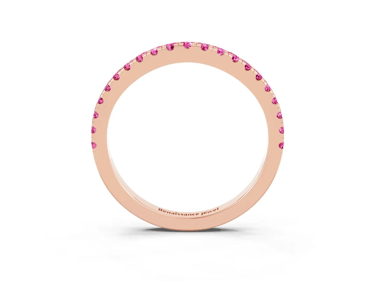 Round Pink Sapphire Pavé Half Eternity Band with Shared Prong Setting Rose gold