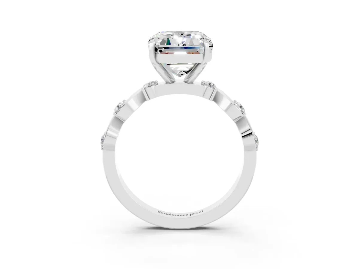 Emerald Cut Moissanite Solitaire Twisted Band with Round Accents and Prong Setting Silver